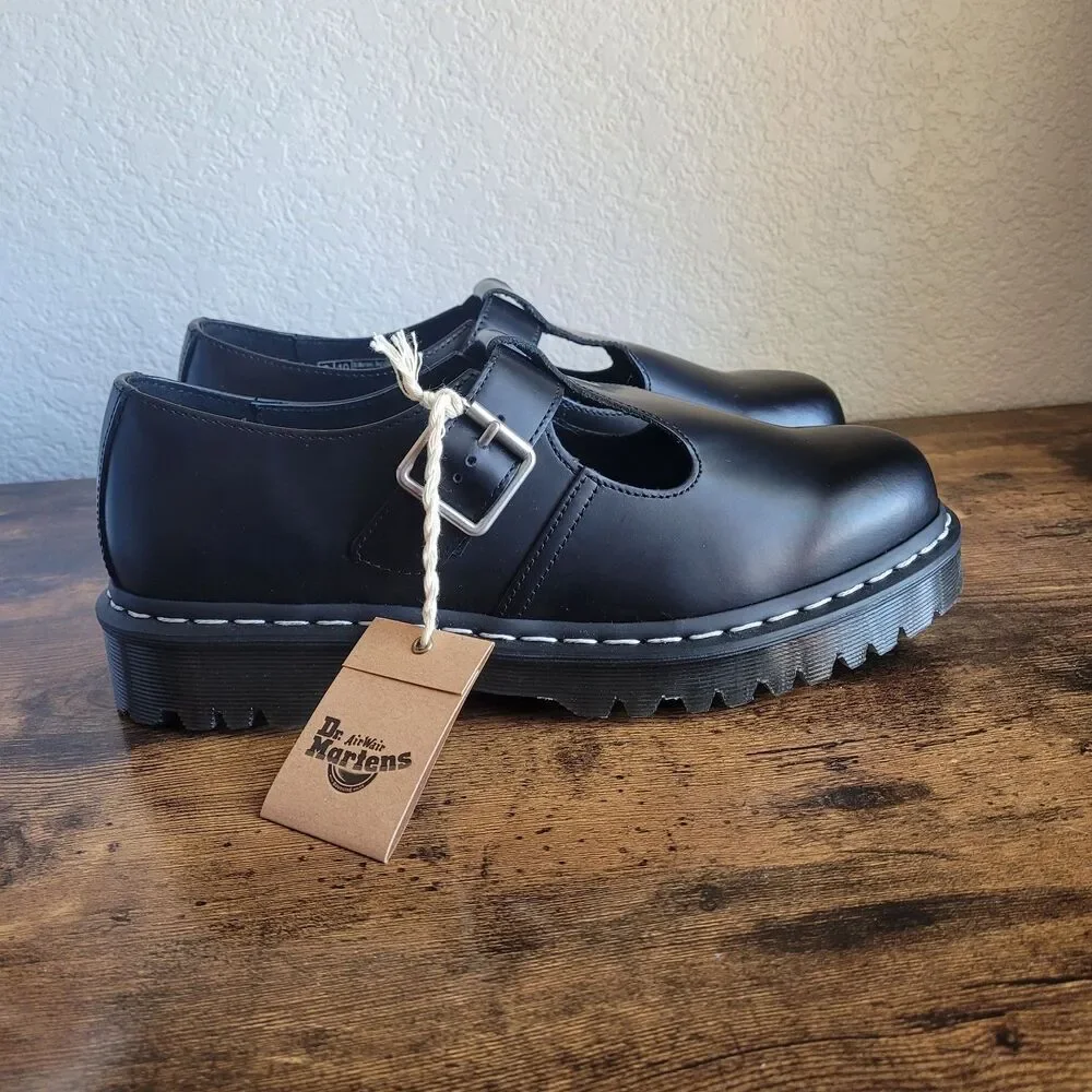 Dr Martens Womens Black Polley Air Wair Mary Jane Shoes Size 11 Grain T Bar New